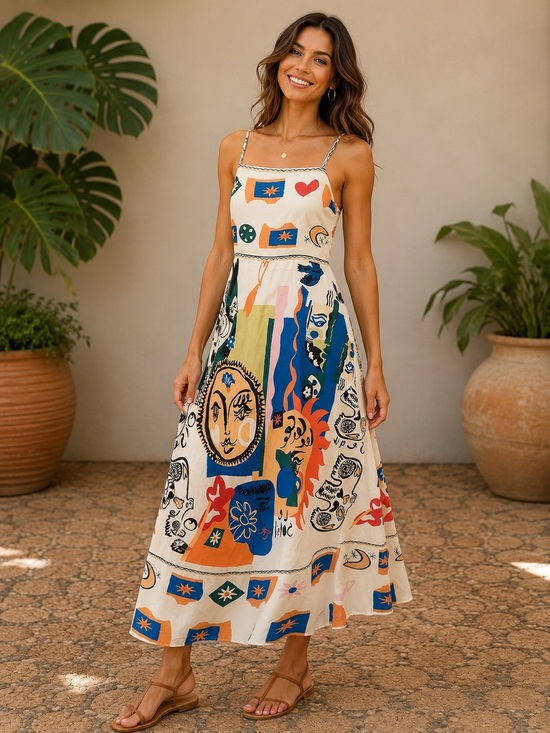 Sunday Dresses & Skirts - Sunday L Abstract Print Smocked Maxi Dress | Adjustable Straps Artist Print